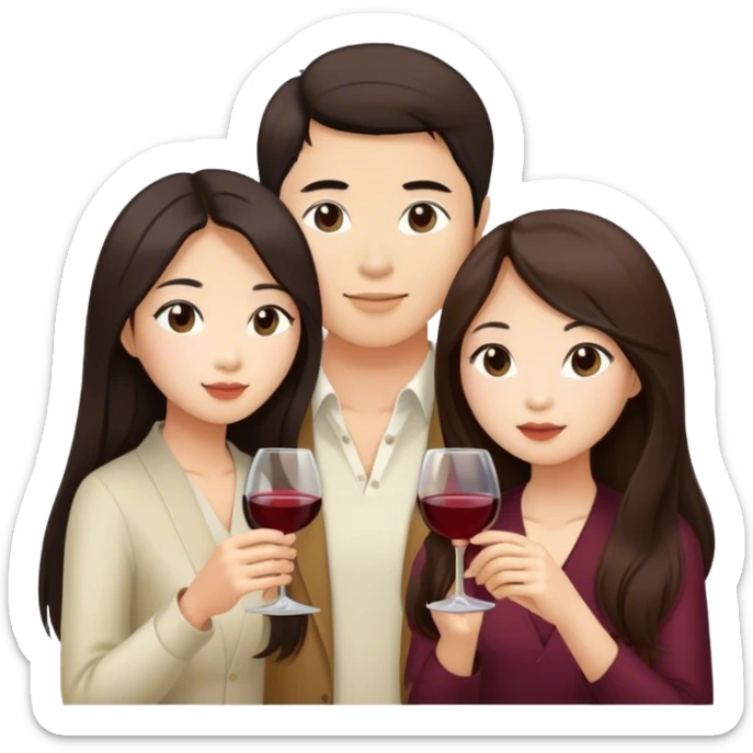 Long hair brunette asian girl and brunette Asian male couple drinking wine. Only 2 people. sticker