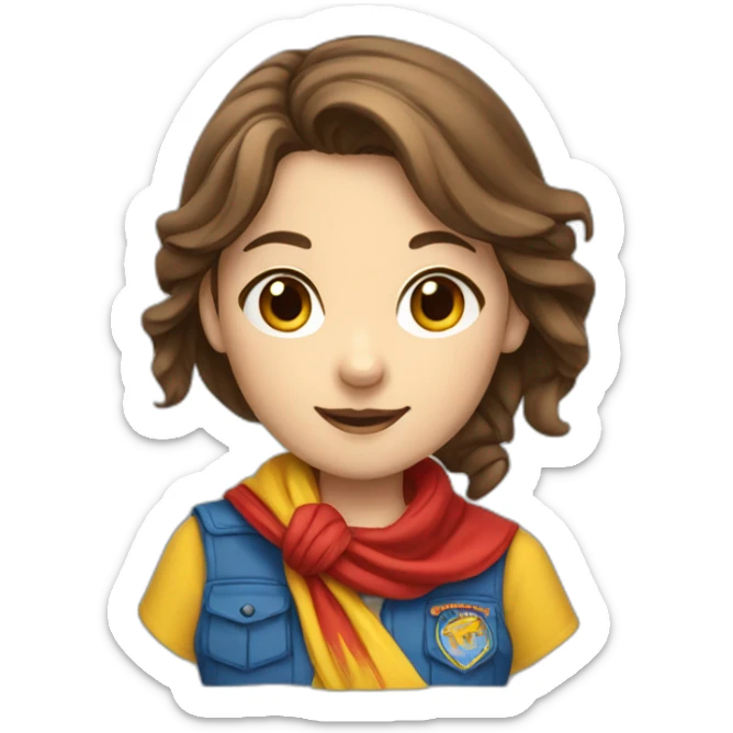 A scout girl with Brown hair with a knotted RED AND YELLOW scarf and a blue scout shirt sticker