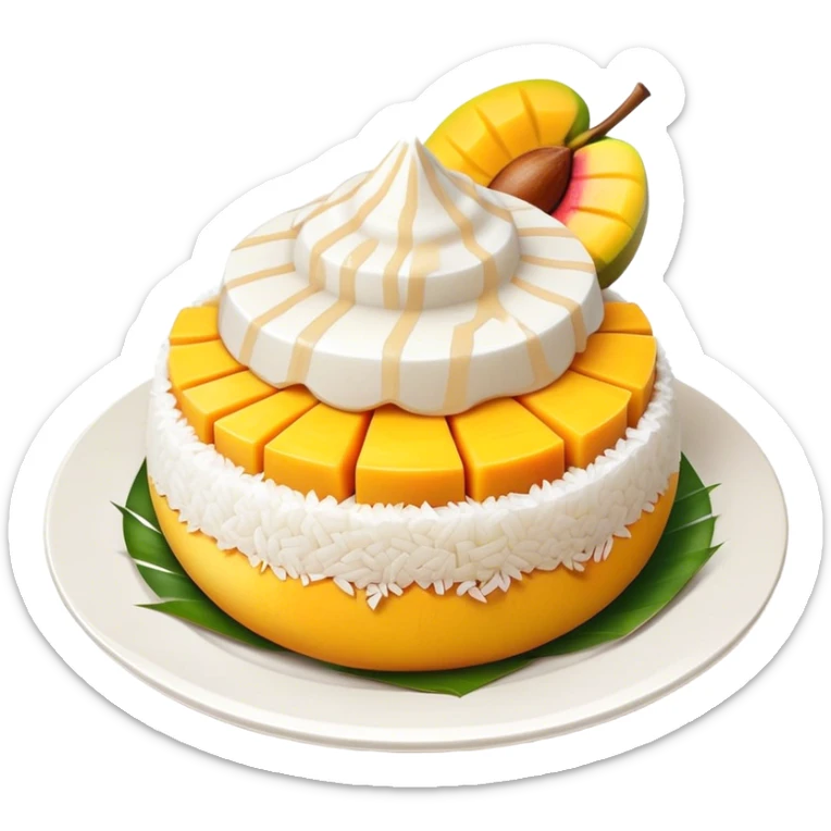 Mango Sticky Rice Cinematic Realistic Mango Sticky Rice Dessert Emoji, depicted as sticky rice drizzled with coconut milk topped with a layer of coconut cream, accompanied by sliced mango on the side of the plate, rendered with vivid textures and warm, tropical lighting. sticker