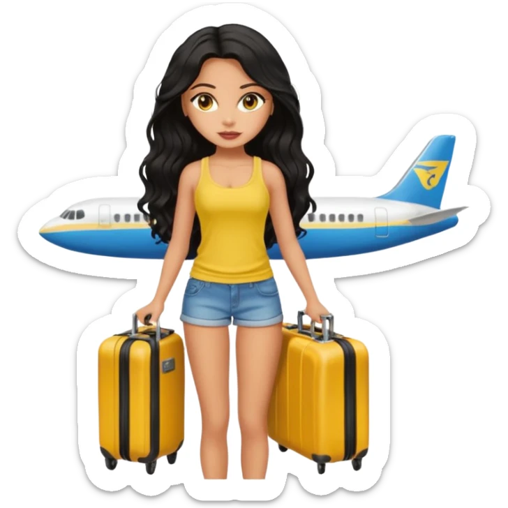 a pretty bratz dusky girl with long wavy black hair in a yellow tank top with a black suitcase at an airport sticker