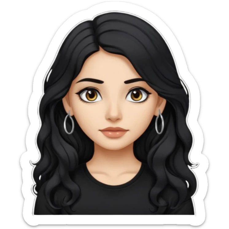 a pretty FAIR indian bratz girl with wavy long black hair, wearing a black tshirt, eyeliner on. no earrings sticker