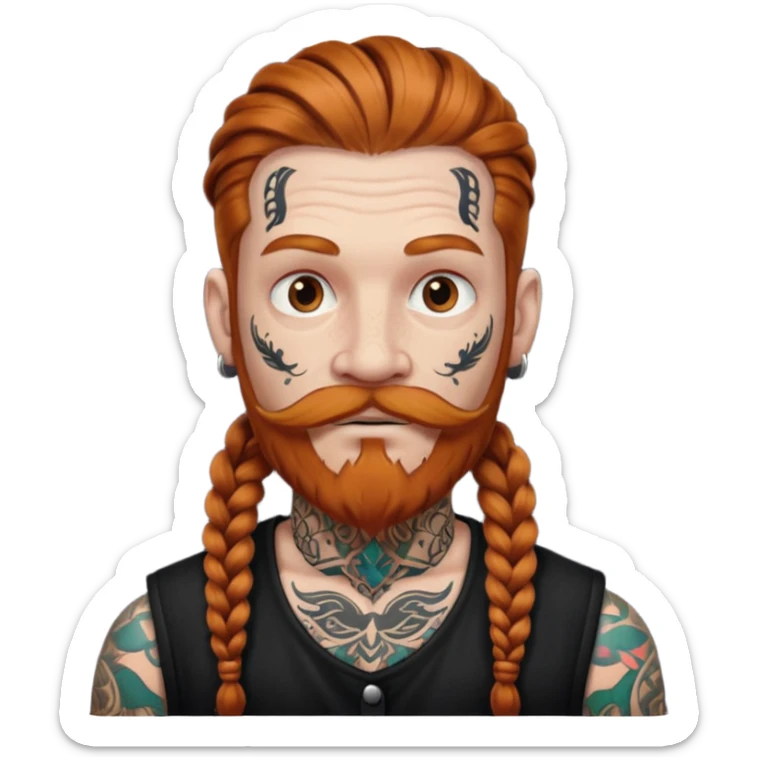 thick very dark ginger braids man very white old very tattoed with the whitest mustache ever sticker