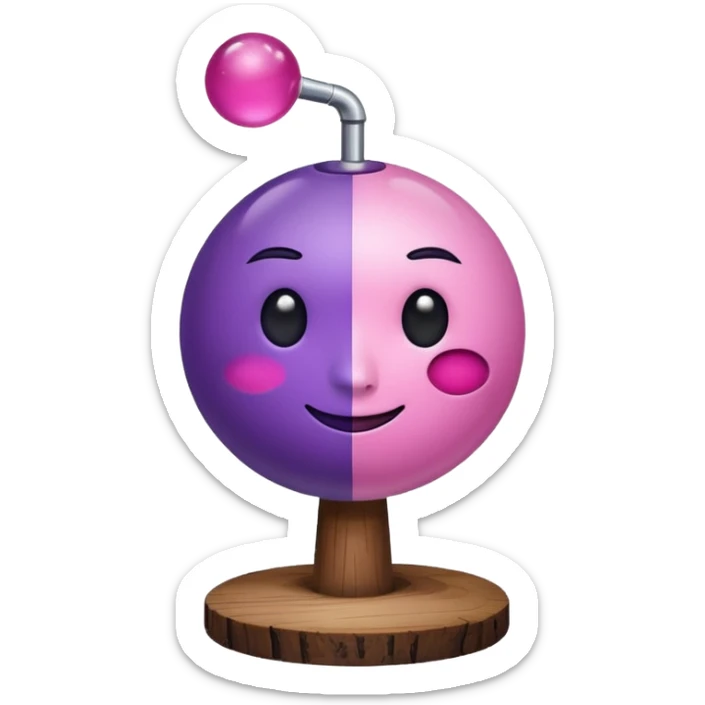 A half pink half purple ball with a face wooden stem followed by a glass stem on top of the wood stem tilted 90 degrees sticker