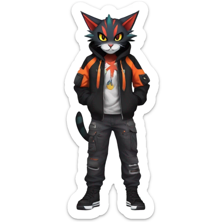 Cool Anthro Noivern-Litten-Feline-Pokémon with edgy stripes hoodie spiked collar punk techwear Cargo Pants Full Body sticker