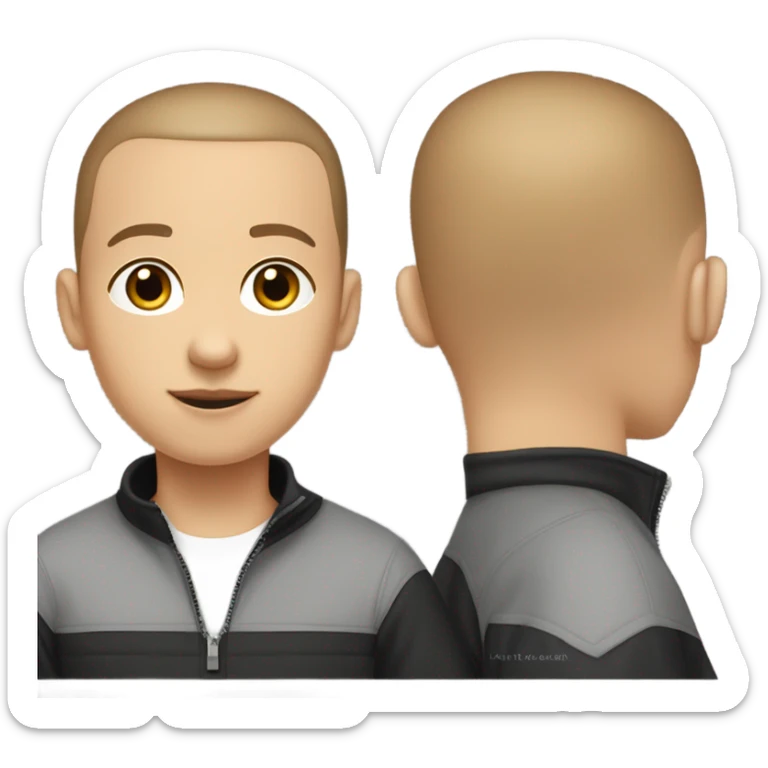 boy with very light brown skin, buzz cut, no facial hair, wearing a smart black quarter zip jumper with white t shirt underneath. sticker