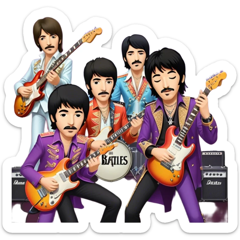 Rock music icon: collage of legendary rock stars—The Beatles, Jimi Hendrix, Elvis Presley, Queen, Nirvana, Led Zeppelin. Electric guitars, amplifiers, and microphones surrounded by vibrant stage lights and musical notes. Transparent background. sticker