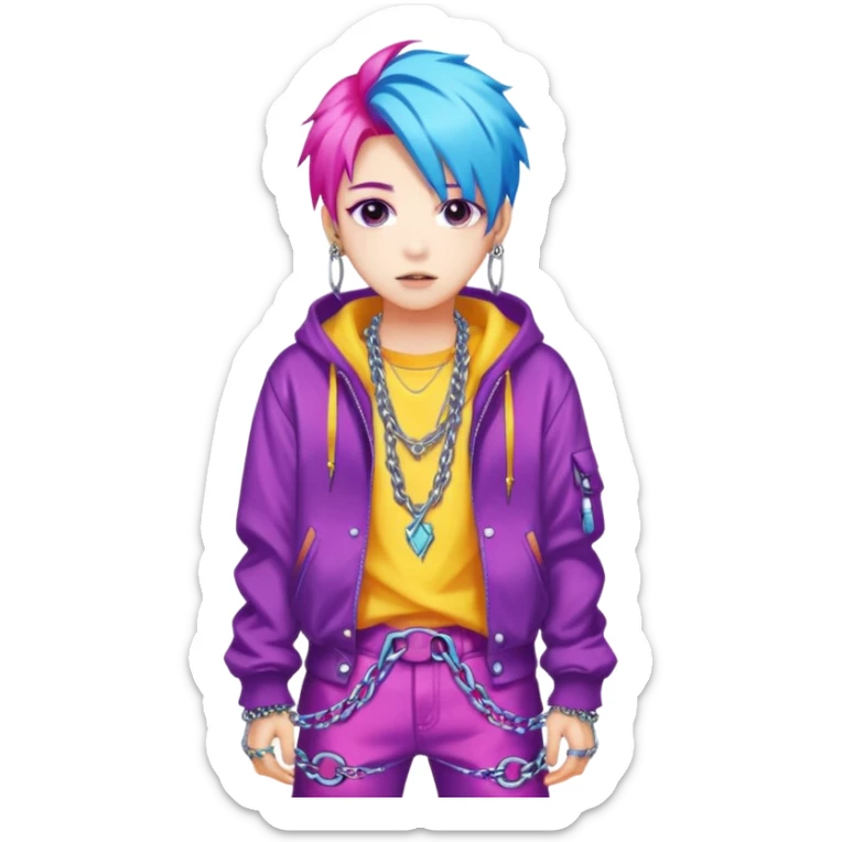  portrait-of-young-monster-idol-in-kpop-style,-wearing-flashy-streetwear-outfit,-colorful-dyed-hair,-confident-pose,-accessorized-with-chains- sticker