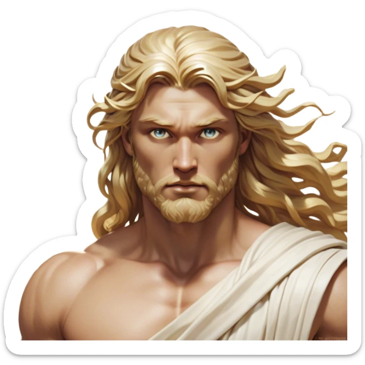 Cinematic Realistic Thor Portrait, depicted as a classical Greek god with a chiseled, sculpted physique reminiscent of ancient marble statues. His fair, luminous skin carries a subtle golden sheen, and his long, wavy, sun-kissed golden hair flows elegantly around his noble face, accentuating his determined, piercing eyes. Draped in a flowing white toga with delicate golden accents and hints of lightning motifs, the portrait is rendered in dynamic natural lighting with a radiant, mythic glow that exudes timeless strength and divine grace. sticker