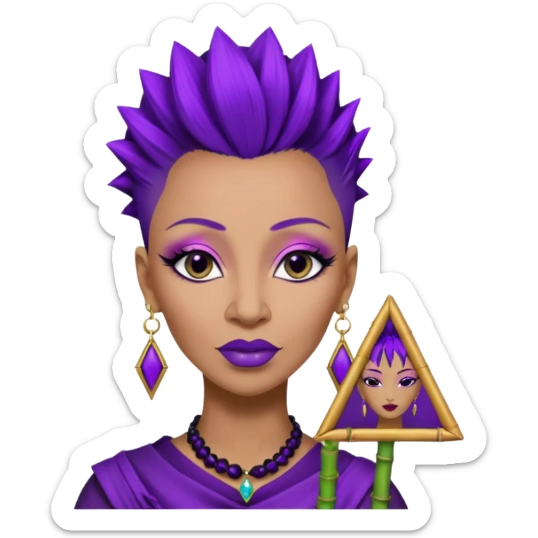 57 years young,  Black queen with a  mohawk hairstyle, purple lipstick,  purple eyeshadow,  droopy looking  eyes, bamboo triangle earrings with the name Draya personalized on them.  sticker
