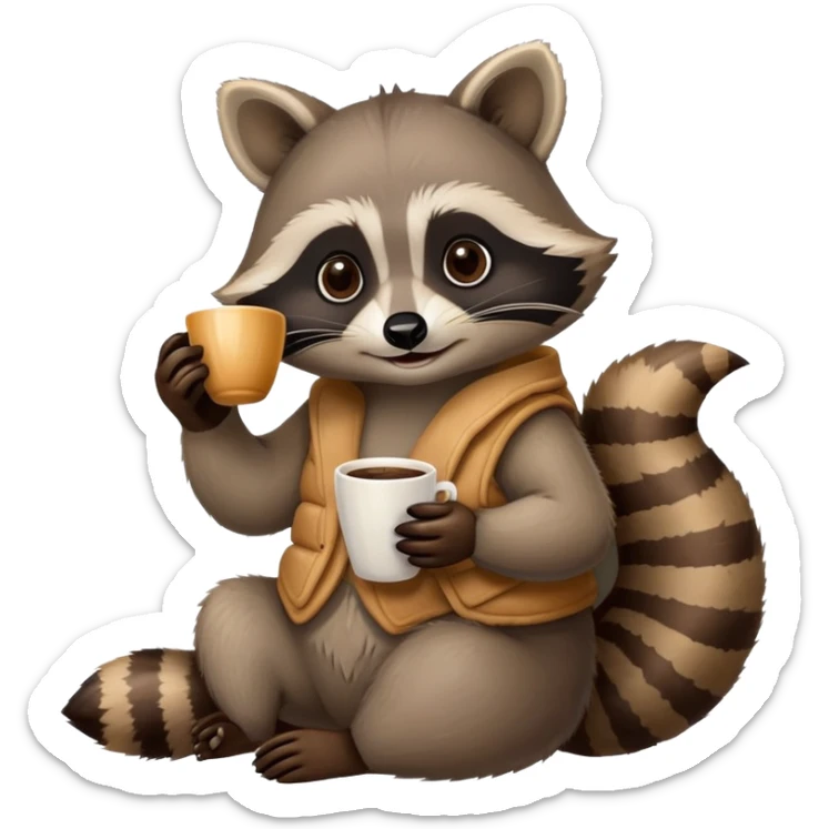 raccoon with a cup of hot coffee and a croissant  sticker
