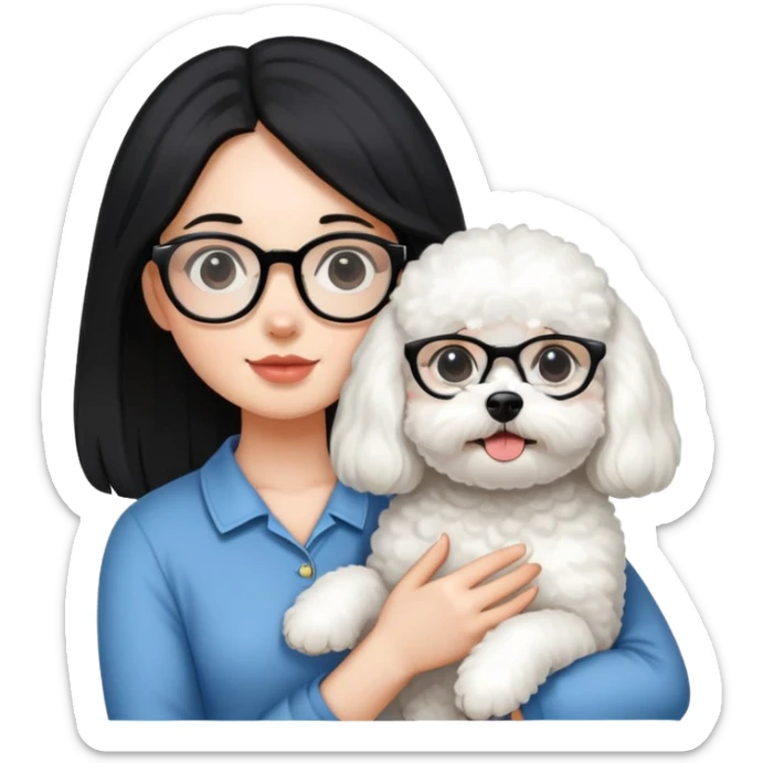 Girl with long black hair and glasses holding a white Bichon Frise dog sticker