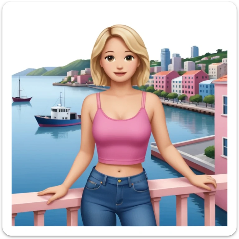jennifer lawrence, pink crop top, and blue jeans, leaning on a balcony with a harbor and cityscape in the background, smiling sticker