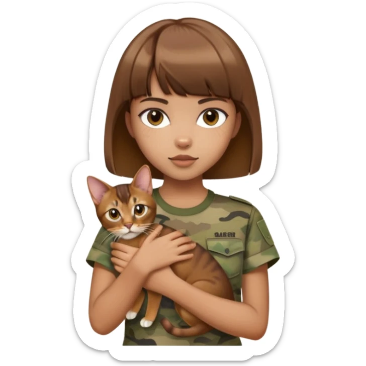 a girl with short brown hair and bangs holding an Abyssinian cat, wearing camouflage short sleeves  sticker