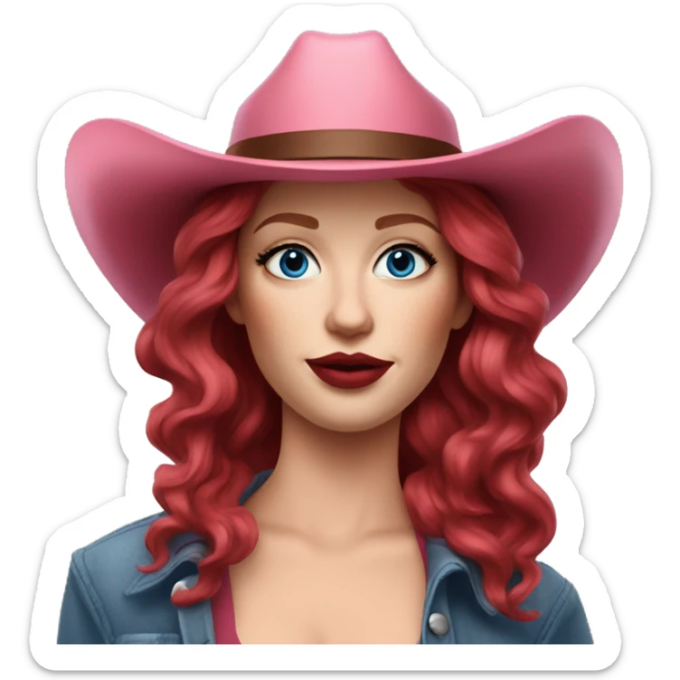 White Woman with wavy wine red hair and pale face makeup on, red lips, blue eyeshadow, and a pink cowboy hat on sticker