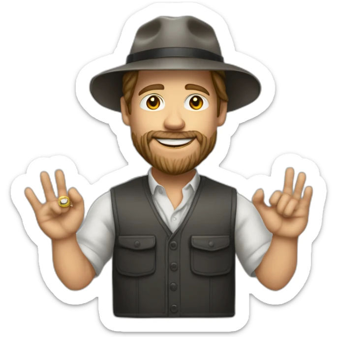 small businessman,Bucket Hat,smile, Brad Pitt, rings on his fingers, beard, vest, realistic sticker