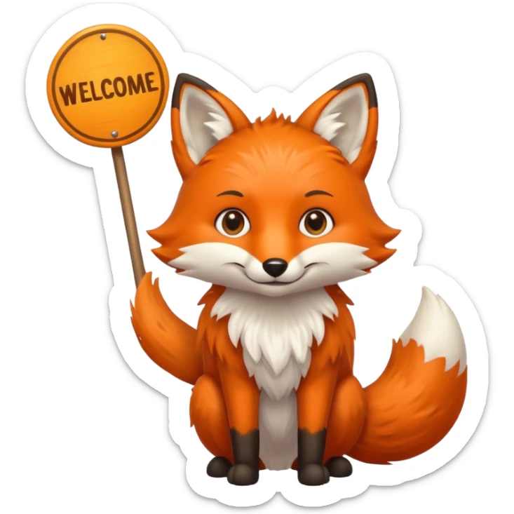Un renard qui tiens une grosse pancarte 'bienvenue' sticker
