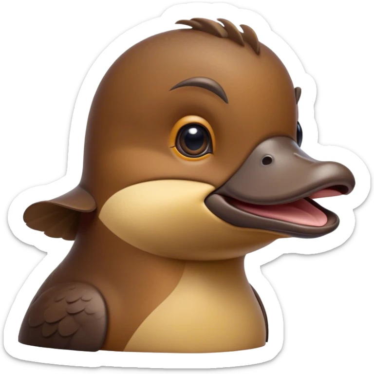 Cinematic Noble Platypus Portrait Emoji, Poised and regal, with a uniquely streamlined build and a sleek brown fur, a distinctive flat duckbill and broad, beaver-like tail, deep-set soulful eyes full of wonder, Simplified yet sharp and sophisticated features, highly detailed, glowing with a soft, dignified glow, high shine, intelligent and enigmatic, stylized with an air of aquatic curiosity, focused and attentive, soft glowing outline, capturing the essence of a watchful and confident oddity, so majestic it feels as though it could glide out of the screen with effortless authority! sticker