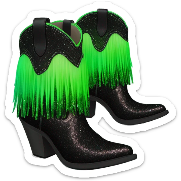 Realistic neon green to black ombre pair of fashion cowgirl boots with sparkly shiny glitter fringe on them. sticker