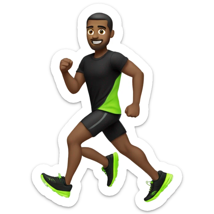 White skin coloured male brown hair wearing black t shirt and black short with neon green running shoes running sticker