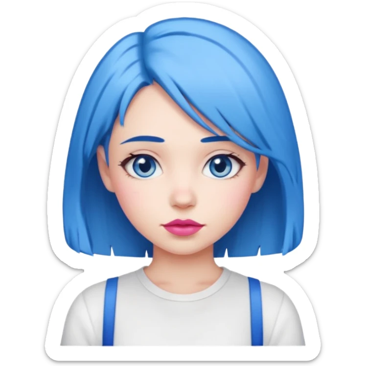 girl with blue hair to shoulders, blue eyes, pink lips, wearing a white shirt sticker