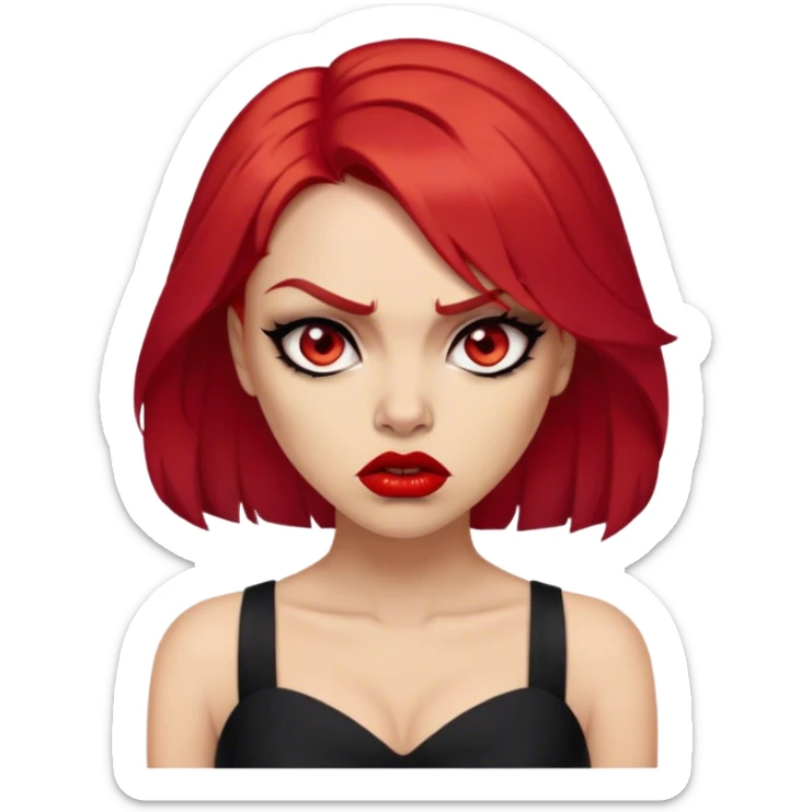 a beautiful very angry woman with red hair and red eyes. The woman wear a black little cutted dress. She have red lipstick and she have a seductive look. Angry face sticker