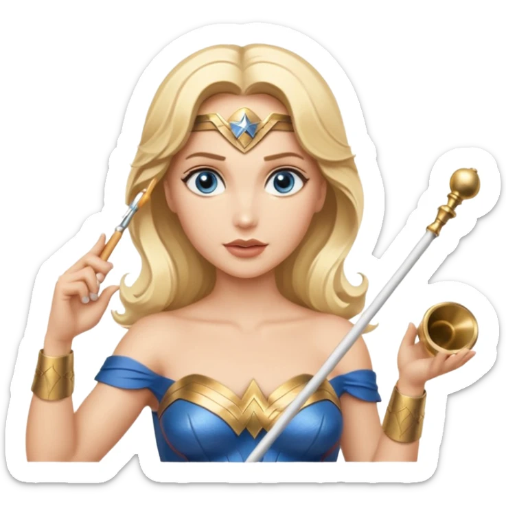 Blonde blue eyed Wonder Woman holding white orchestra conductor’s baton and bell sticker