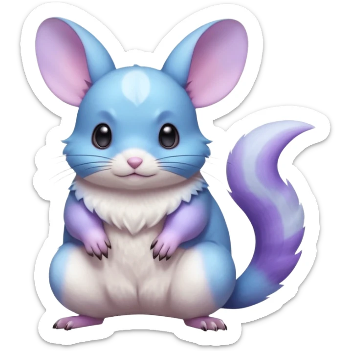 Light-pastel-Cyan-white-blue-gradients rodent-chinchilla-Minccino-Pokémon-Fakémon-fusion-hybrid-Pokémon-animal-creature, full body with purple-violet-pinkish round cheek markings  sticker