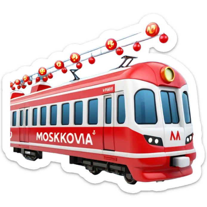 Apple iOS style 3D emoji of a
Moscow Metro train (modern
"Moskva-2020" model) decorated for
New Year. The train has a large red Santa hat on its front and is wrapped in glowing LED garlands. A bright iconic red letter
"M" logo is positioned next to it. Smooth glossy plastic, soft 3D render,  sticker