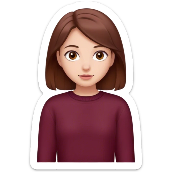 A girl with brown hair smiles, gray eyes, wearing a burgundy sweater sticker