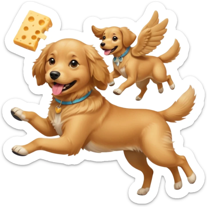 A dog with girls wearing cheese with shoes in his mouth and flying sticker