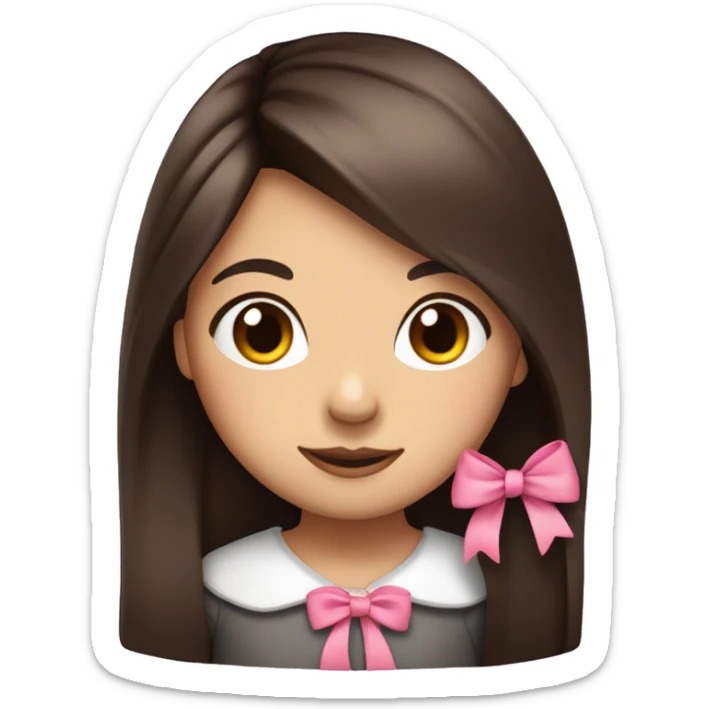 cute girl with dark long straight brown hair with pink bow in hair on te side sticker