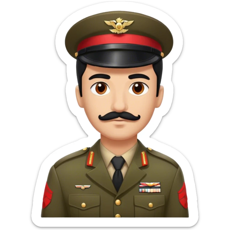 man with small mustache and slick black hair in a soldier uniform with a red band on his arm sticker