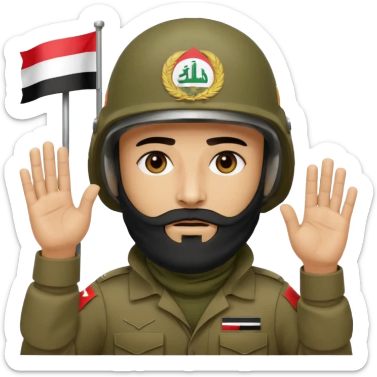 surrenders, depicts an Iraqi soldier from 1980, with a beard, in a helmet, a helmet with sign flag Iraq, with a balaclava, with sad eyes and both hands raised up sticker