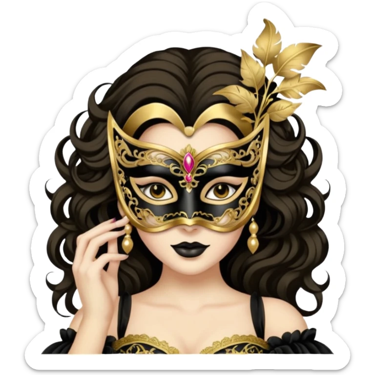 A woman in an ornate gold masquerade mask and elegant outfit, holding the mask delicately. sticker