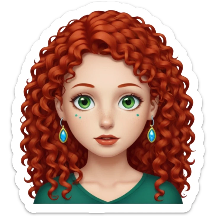 Red curly long hair with side fringe woman, pale skin, green/blue eyes, lower right lip piercing stud, nostril nose stud sticker