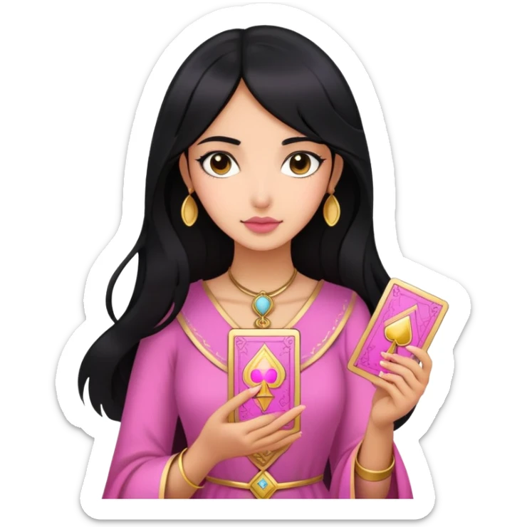 black hair girl with pink pink tarot gold cards sticker