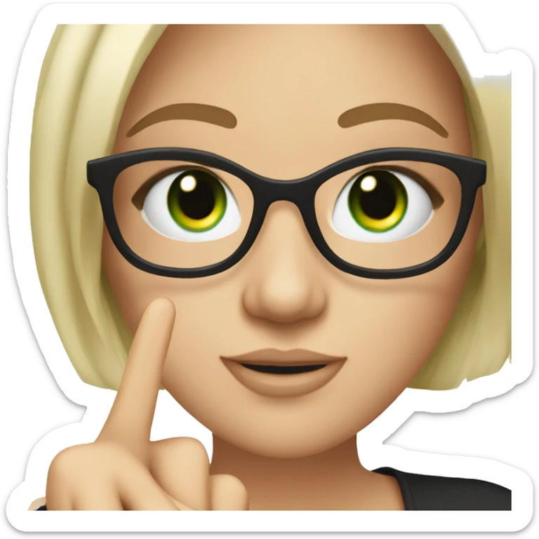 A white women with glasses, and green eyes and doing the peace sign with bracelets around her wrists and fake lashes sticker