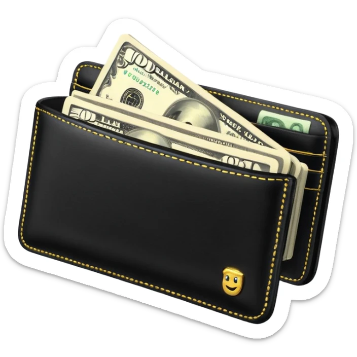 Rich emoji style black leather wallet with dollar bills, luxury money vibe, premium 3D emoji, ultra clean, high detail, no background sticker