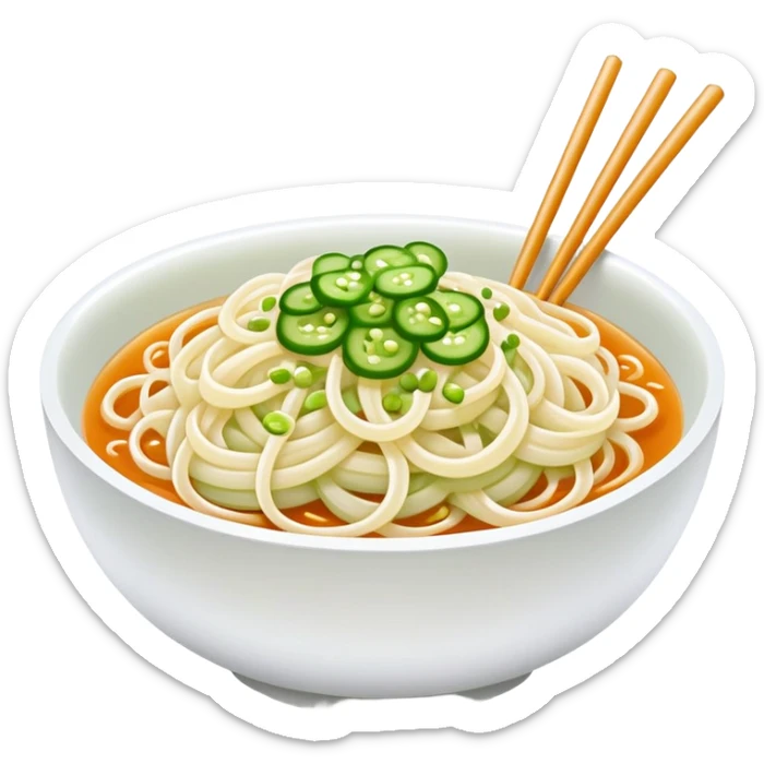 Liangpi Cold Skin Noodles with julienned cucumber and sesame sauce, simplified emoji style with bold outlines and bright colors, cartoon style Shaanxi cold appetizer sticker