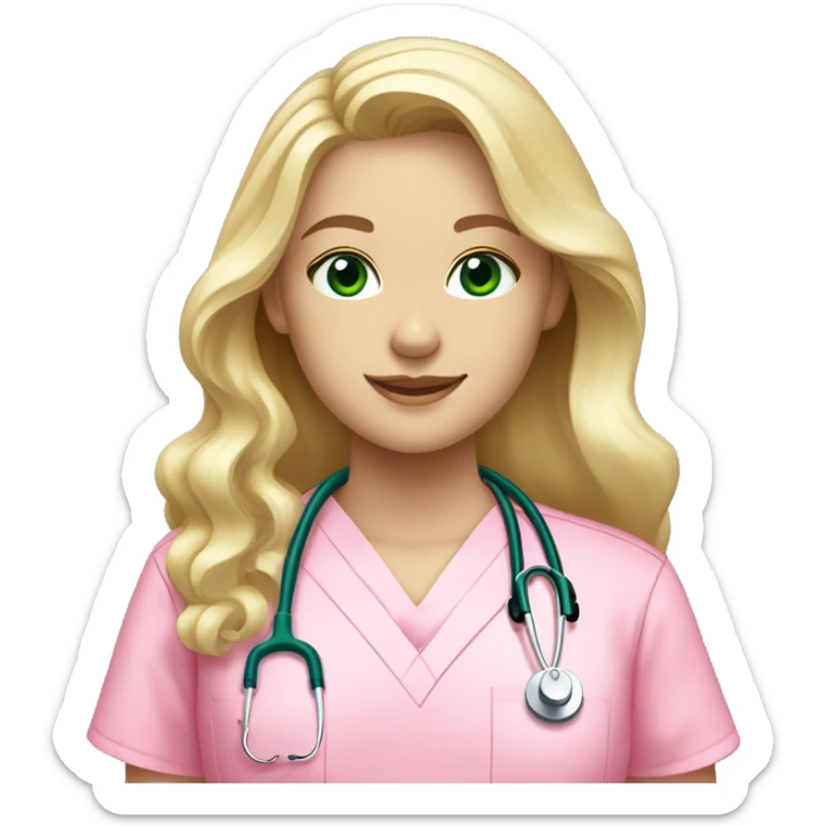 pale blonde girl with long wavy hair and green eyes wearing pink scrubs and stethoscope  sticker