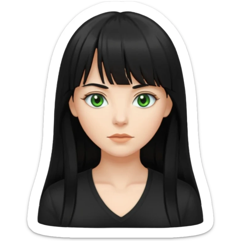 A white woman with Long straight hair with bangs, black hair, green eyes and a low-cut shirt sticker