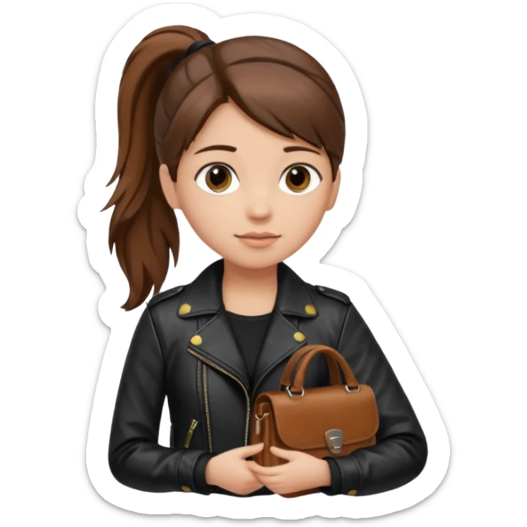 A girl with a pony tail brown hair and white ish skin with a black jacket and a brown purse  sticker