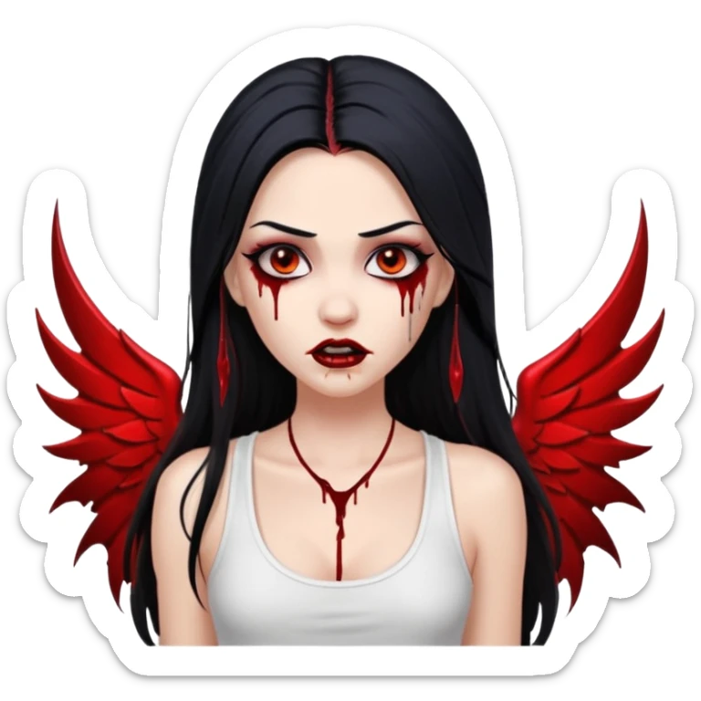 White woman with a white tank top long black hair glossy middle part long hair vamp look with fangs or blood dripping down lips brown eyes eyeliner winged with lashes top and bottom white border sticker