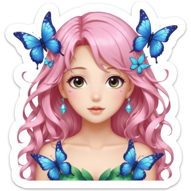 gorgeous shiny blushing anime lady with butterflies and beautiful hair fairycore high quality detailed vogue trending aesthetic sticker