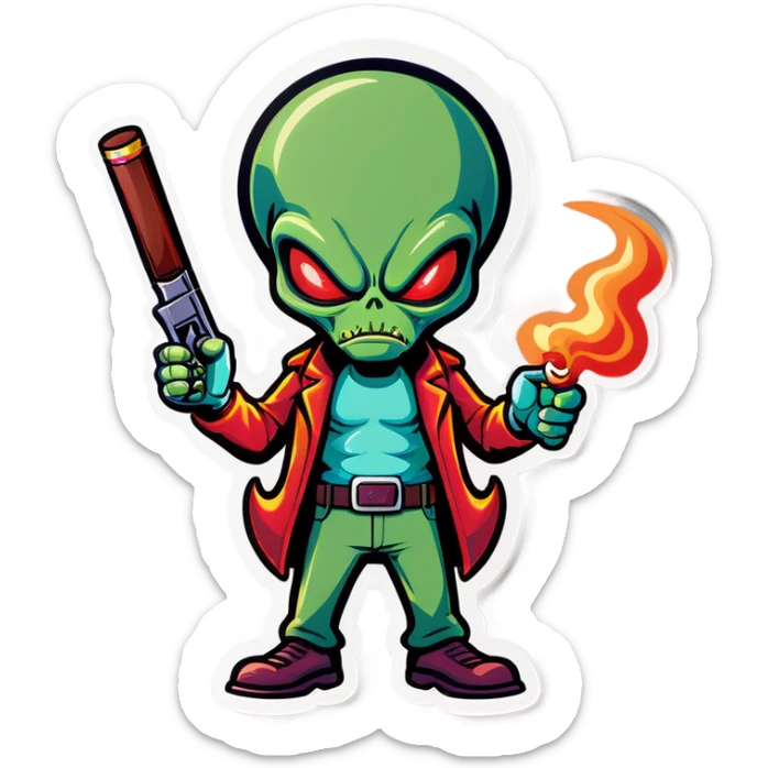 Angry cartoon alien with a cigar in its mouth and a pistol in its waistband sticker