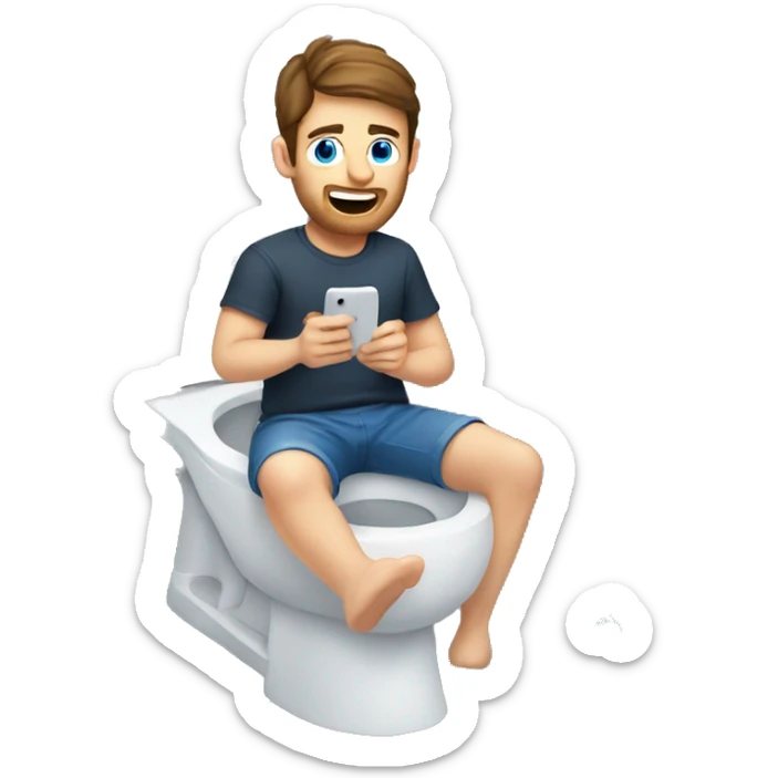 White man with brunette hair and blue eyes sitting on the toilet holding a phone sticker