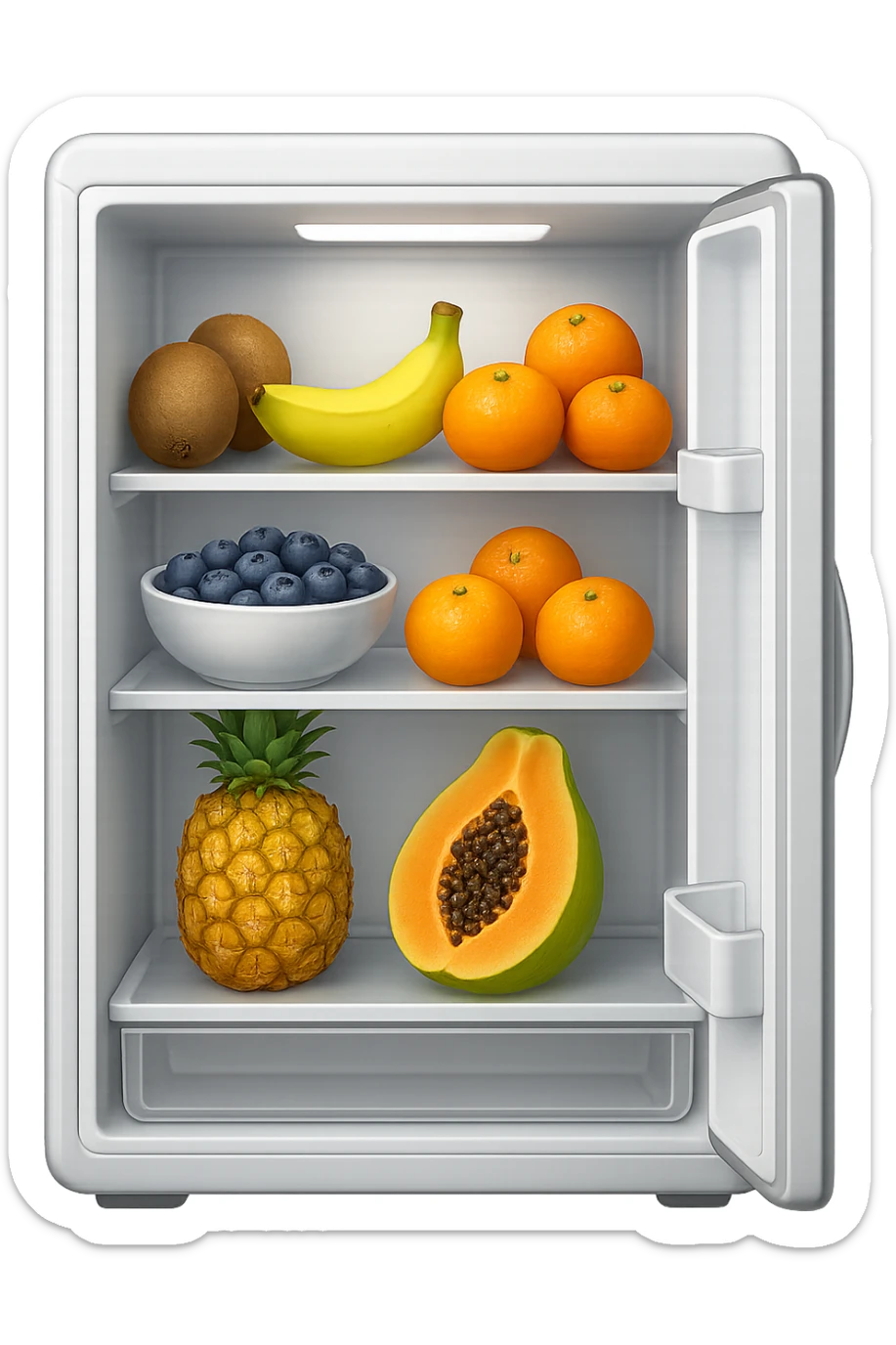 emoji stile iphone di un frigo aperto con dentro ben visibili questi alimenti: Kiwi
Banana acerba
Arance e mandarini
Mirtilli
Ananas
Papaya
IPERREALISTICO 4K sticker