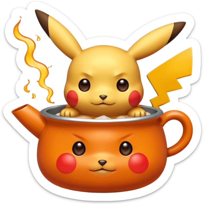 Un Pikachu rouge qui et triste avec des éclairs en fond et il a fait caca et pipi dans un pot orange et une montagne derrière  sticker