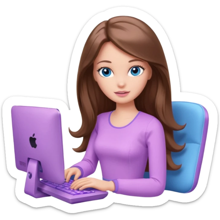 beautiful barbie girl with long brown hair, blue eyes and wearing light purple clothes playing computer games sticker