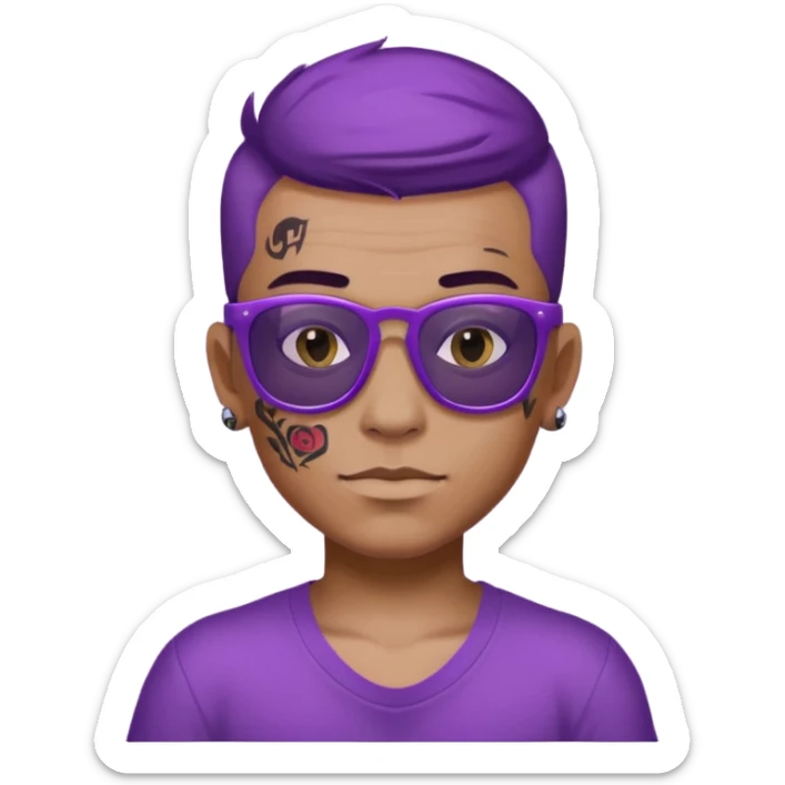 a boy with purple skin and sunglasses that has a tattoo on his forehead that says “gu4nto” sticker